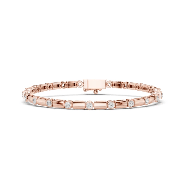 Rose gold diamond link bracelet with center bar, round bezel-set stones, box clasp