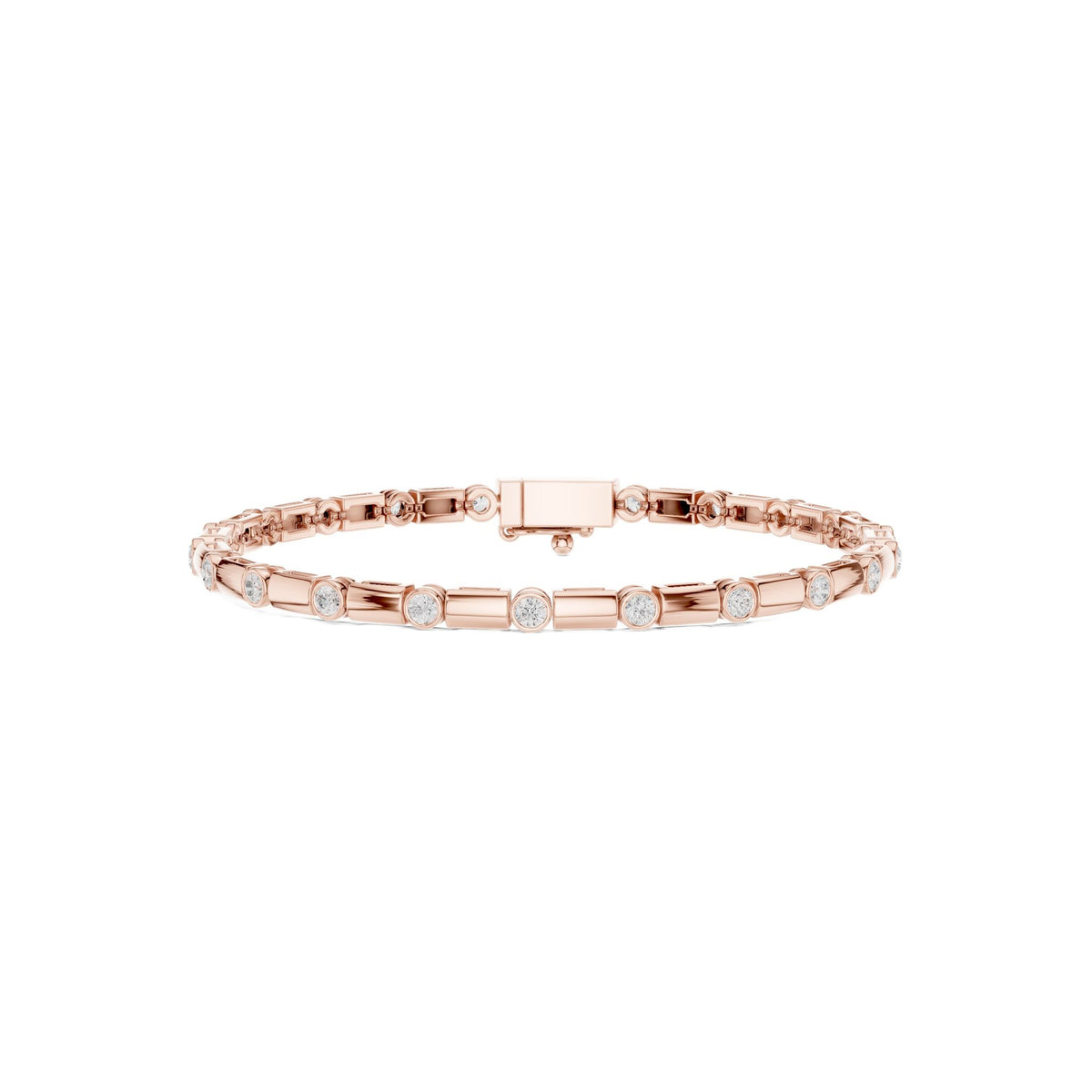 Rose gold diamond bezel link bracelet top view with round bezel-set stones