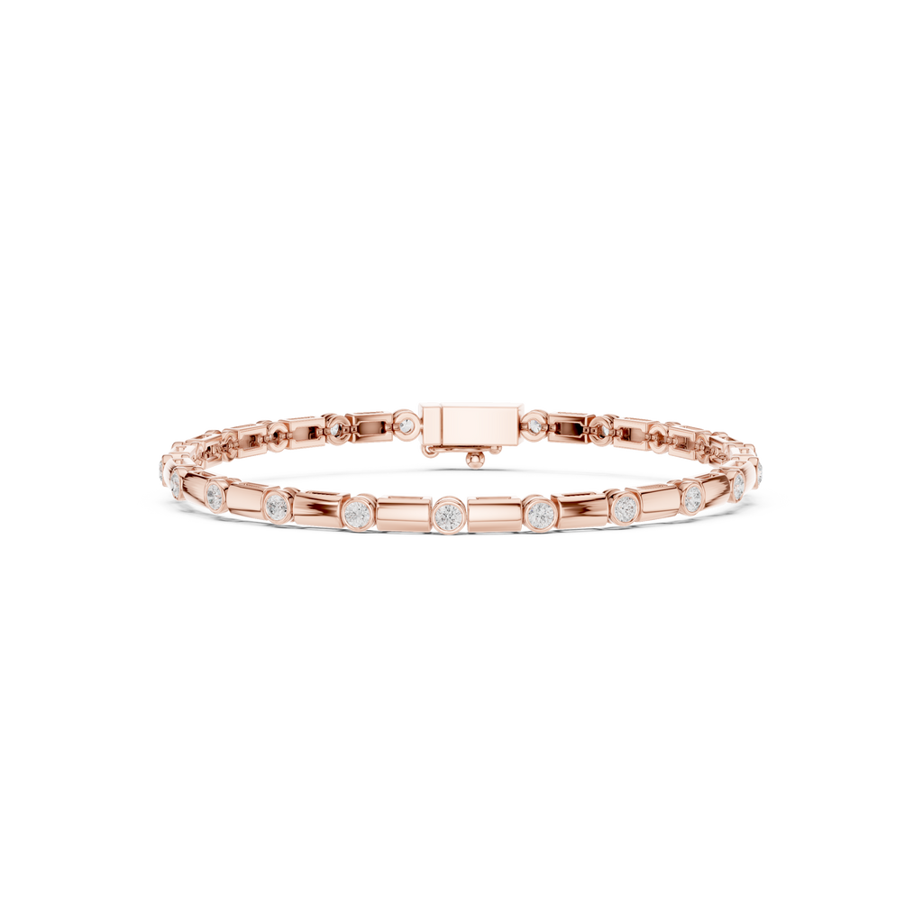 Rose gold diamond bezel link bracelet top view with round bezel-set stones