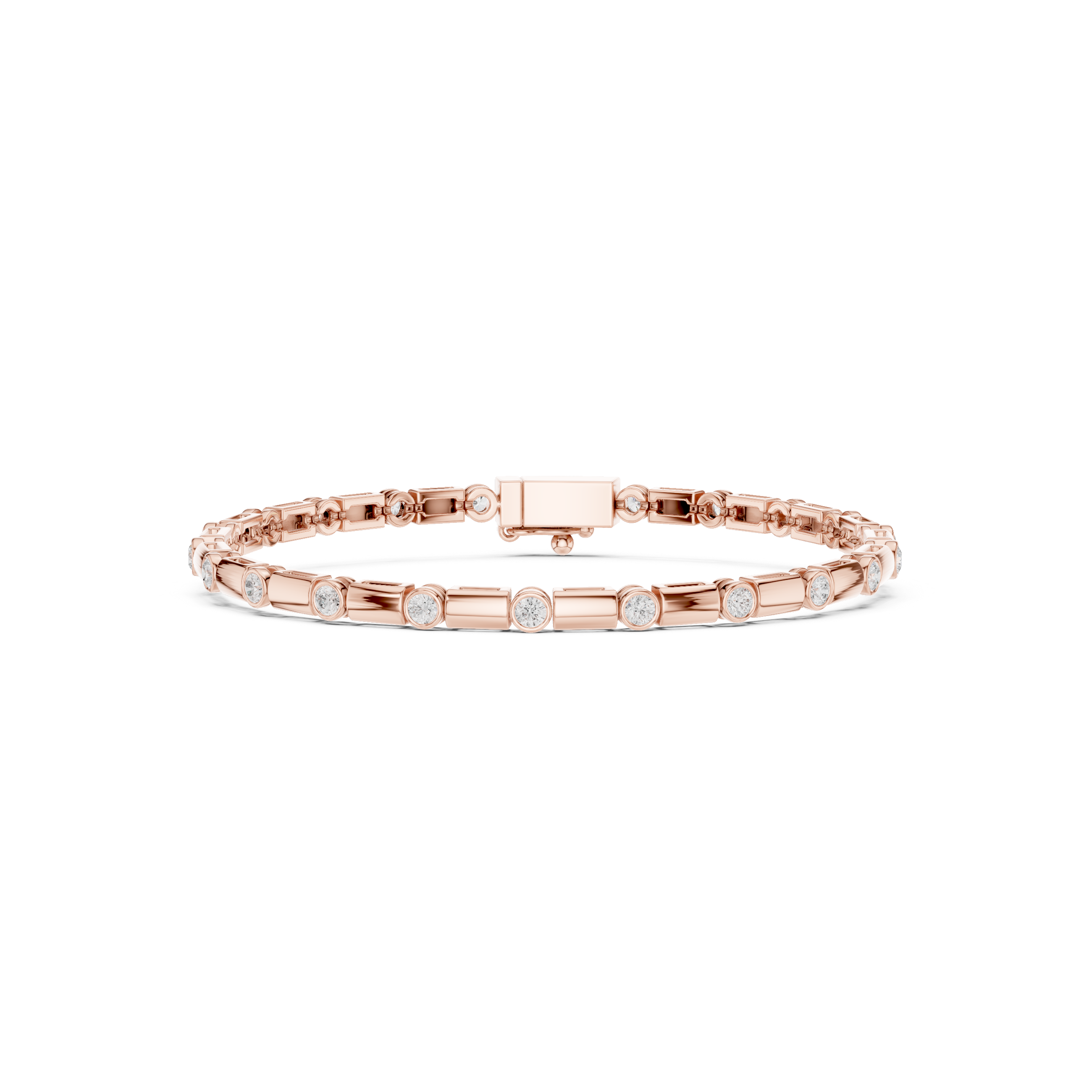 Rose gold diamond bezel link bracelet top view with round bezel-set stones