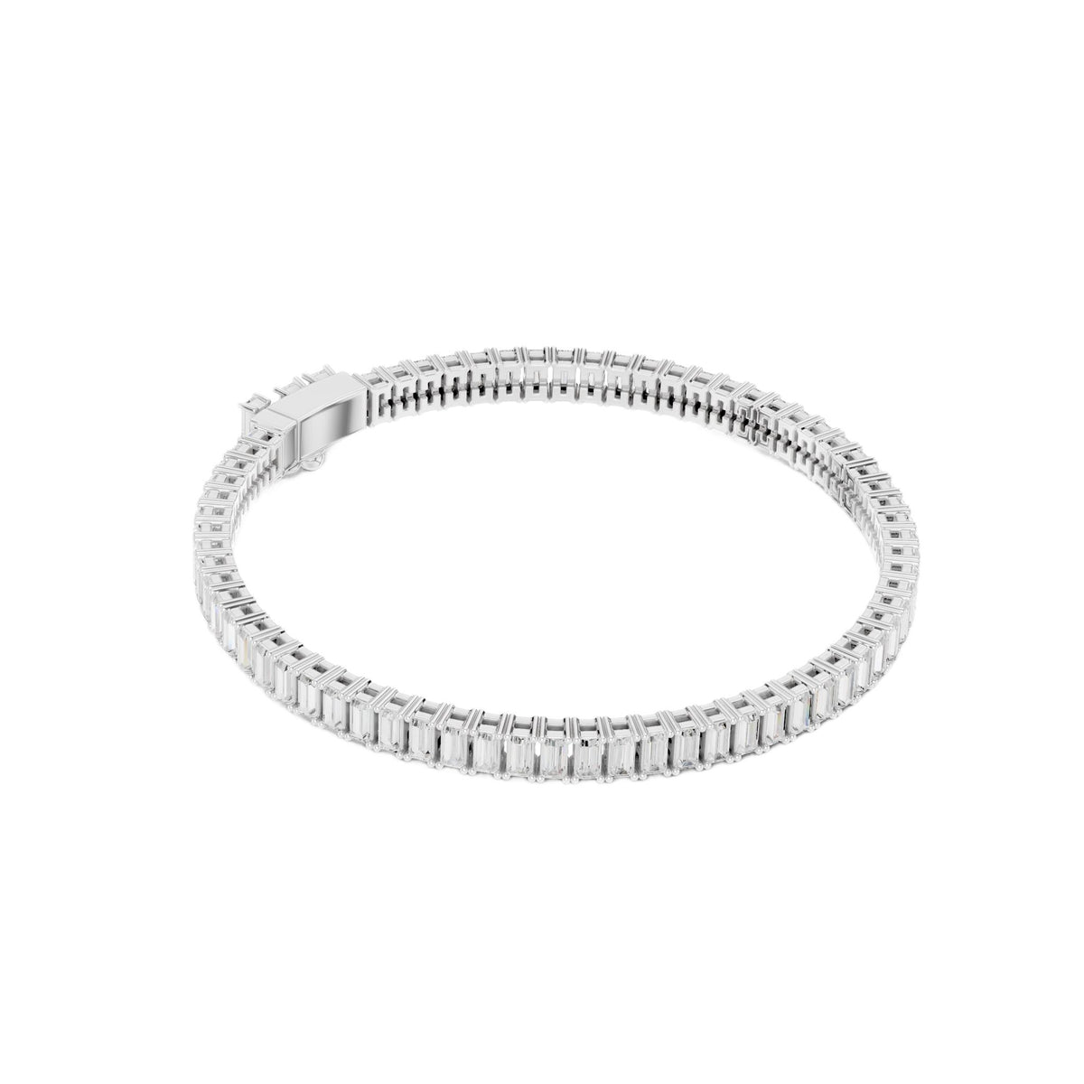 White gold baguette diamond tennis bracelet with rectangular diamond settings, oval profile.