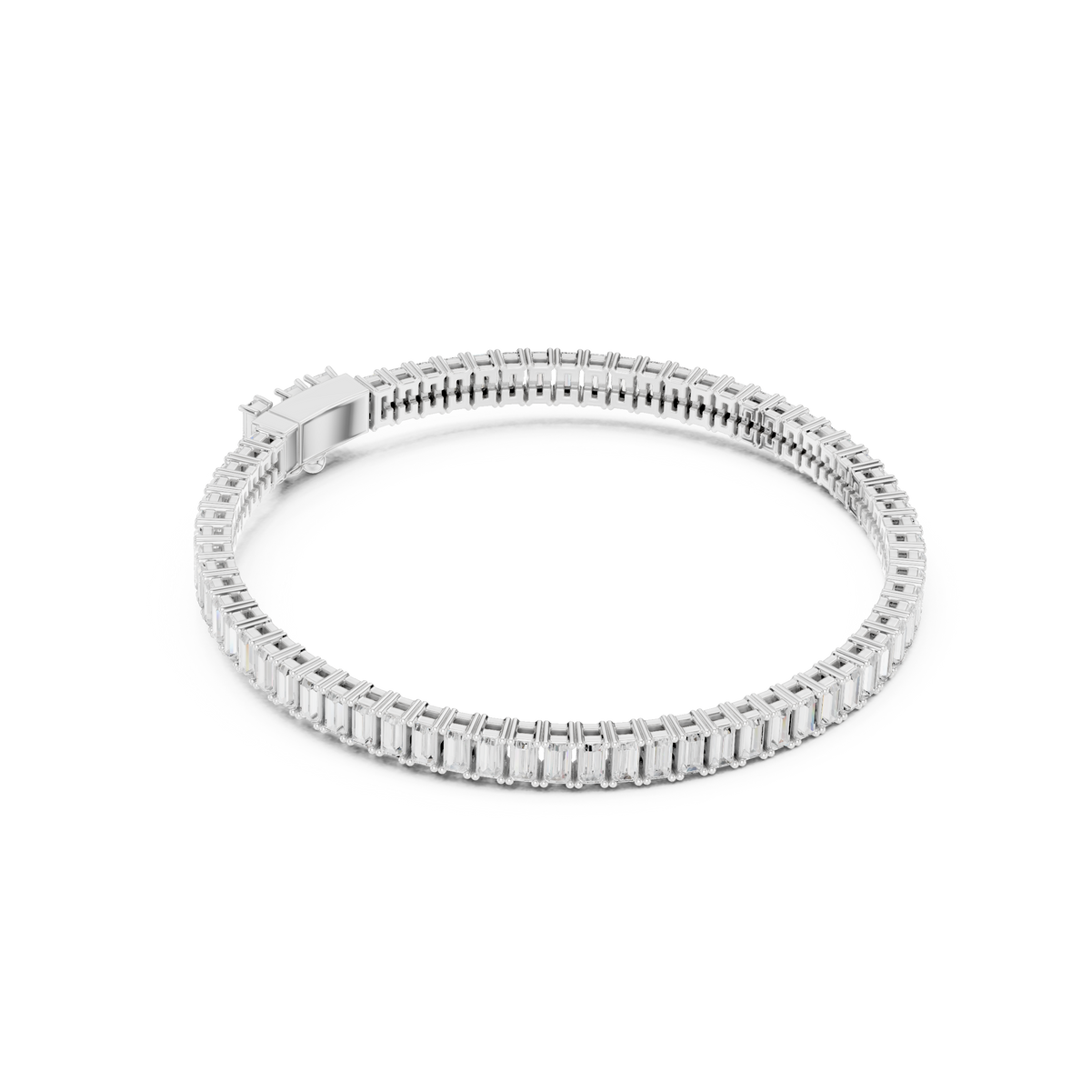 White gold baguette diamond tennis bracelet with rectangular diamond settings, oval profile.