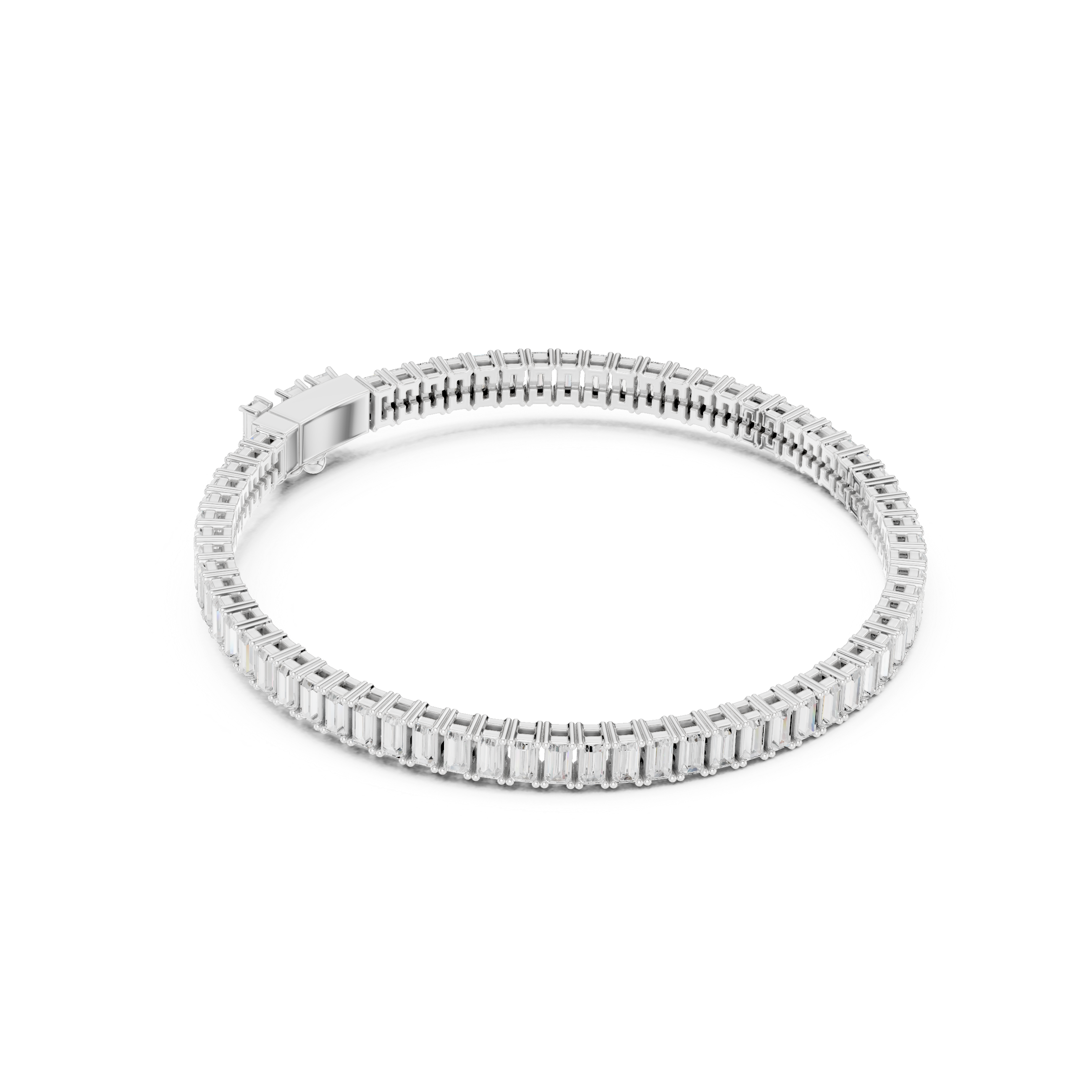 White gold baguette diamond tennis bracelet with rectangular diamond settings, oval profile.