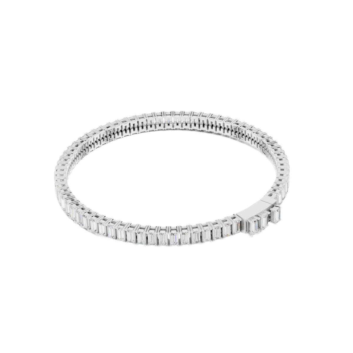 White gold baguette diamond tennis bracelet, close view of rectangular diamond rows.