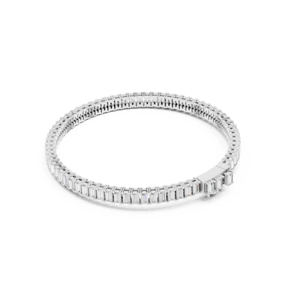 White gold baguette diamond tennis bracelet, close view of rectangular diamond rows.