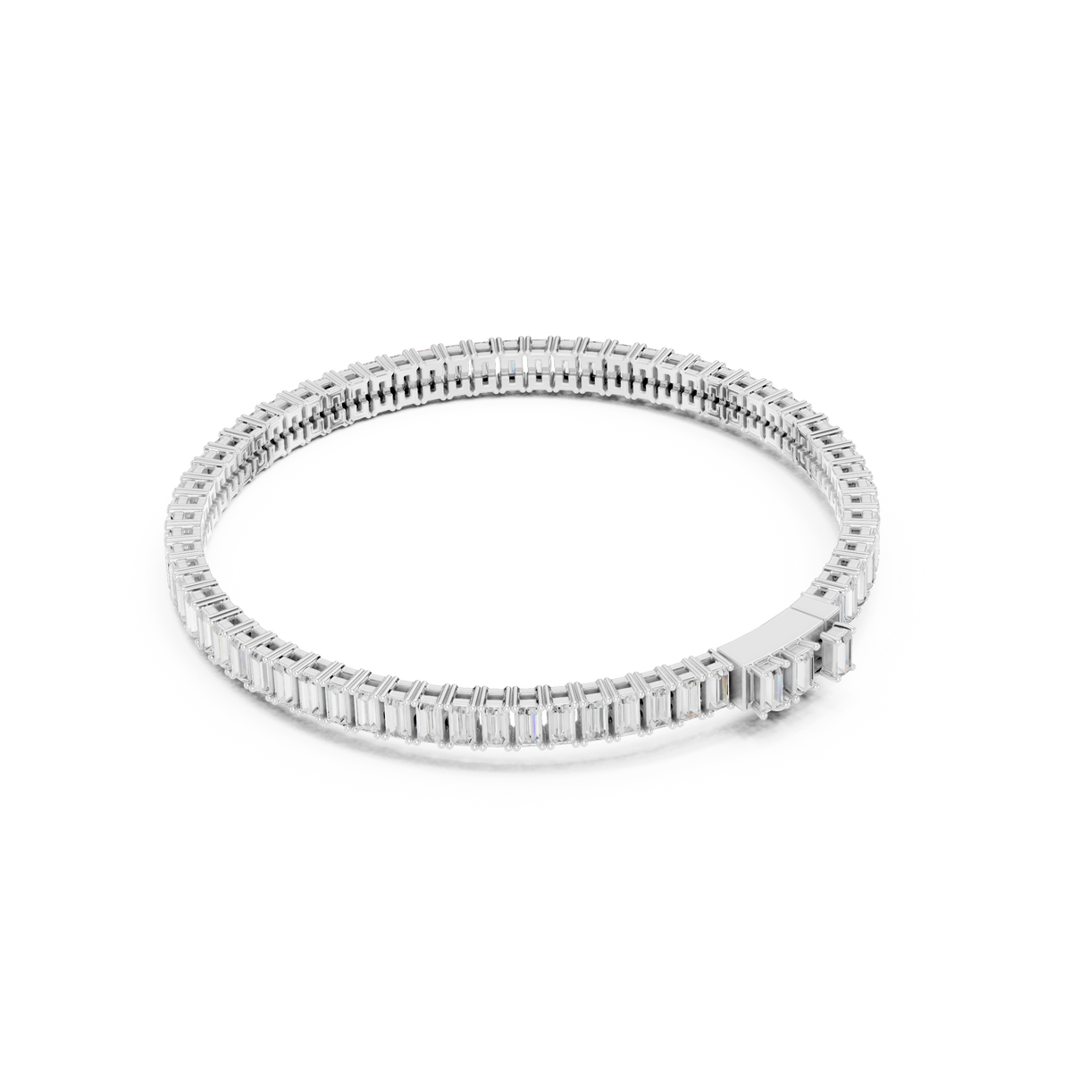 White gold baguette diamond tennis bracelet, close view of rectangular diamond rows.