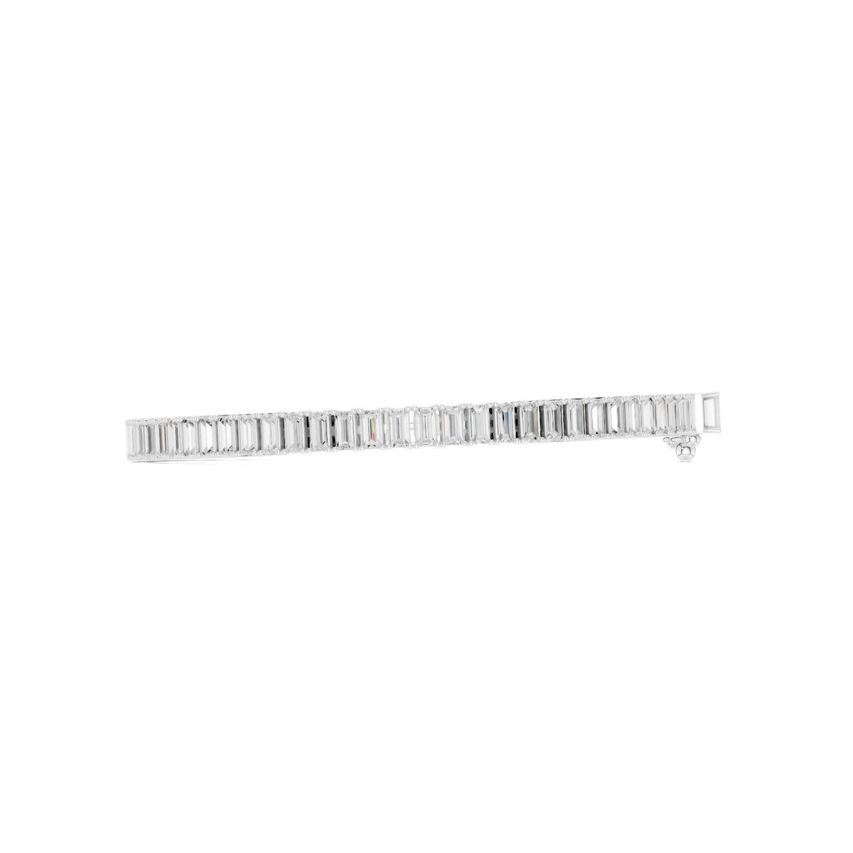 White gold baguette diamond tennis bracelet side view with rectangular diamond prongs.