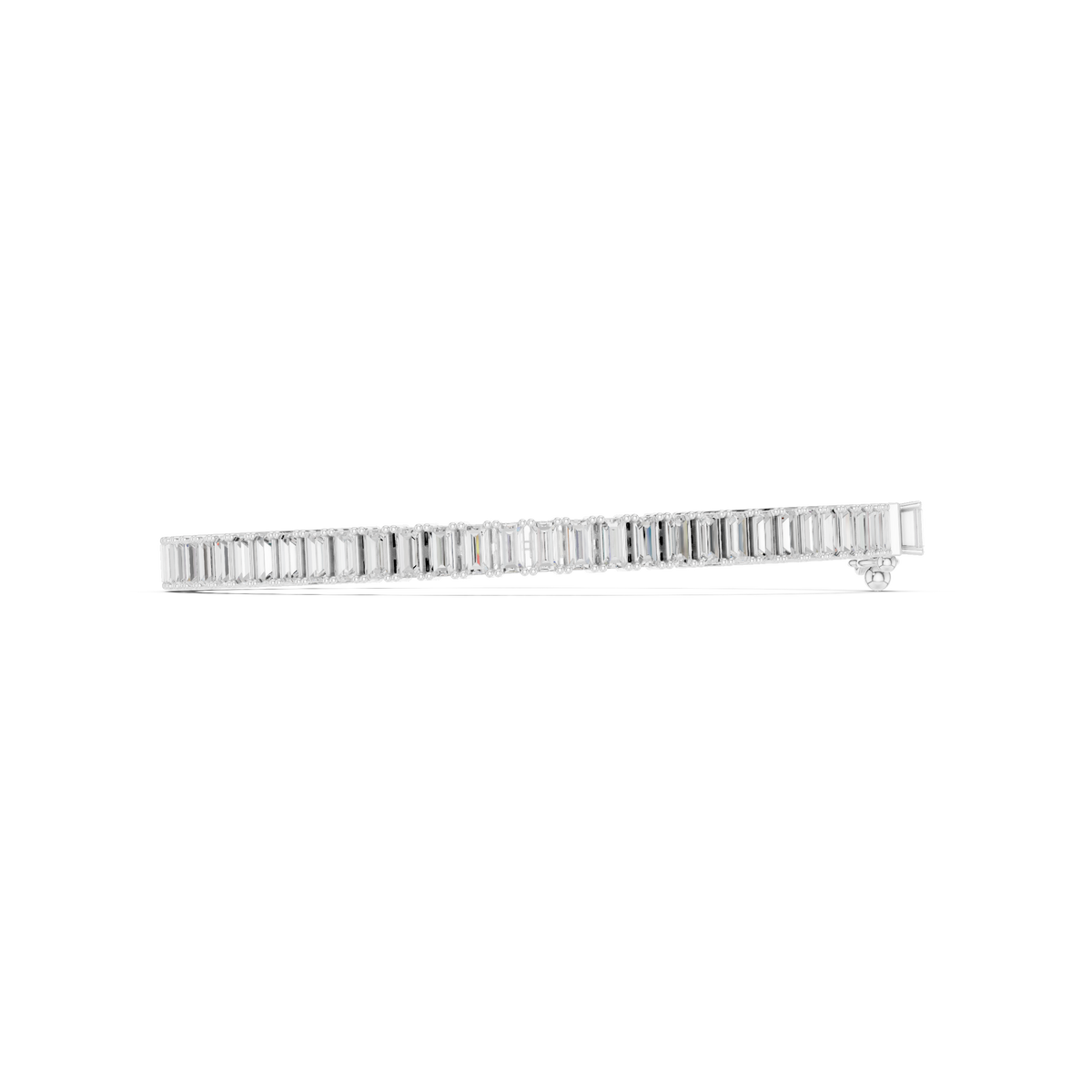 White gold baguette diamond tennis bracelet side view with rectangular diamond prongs.