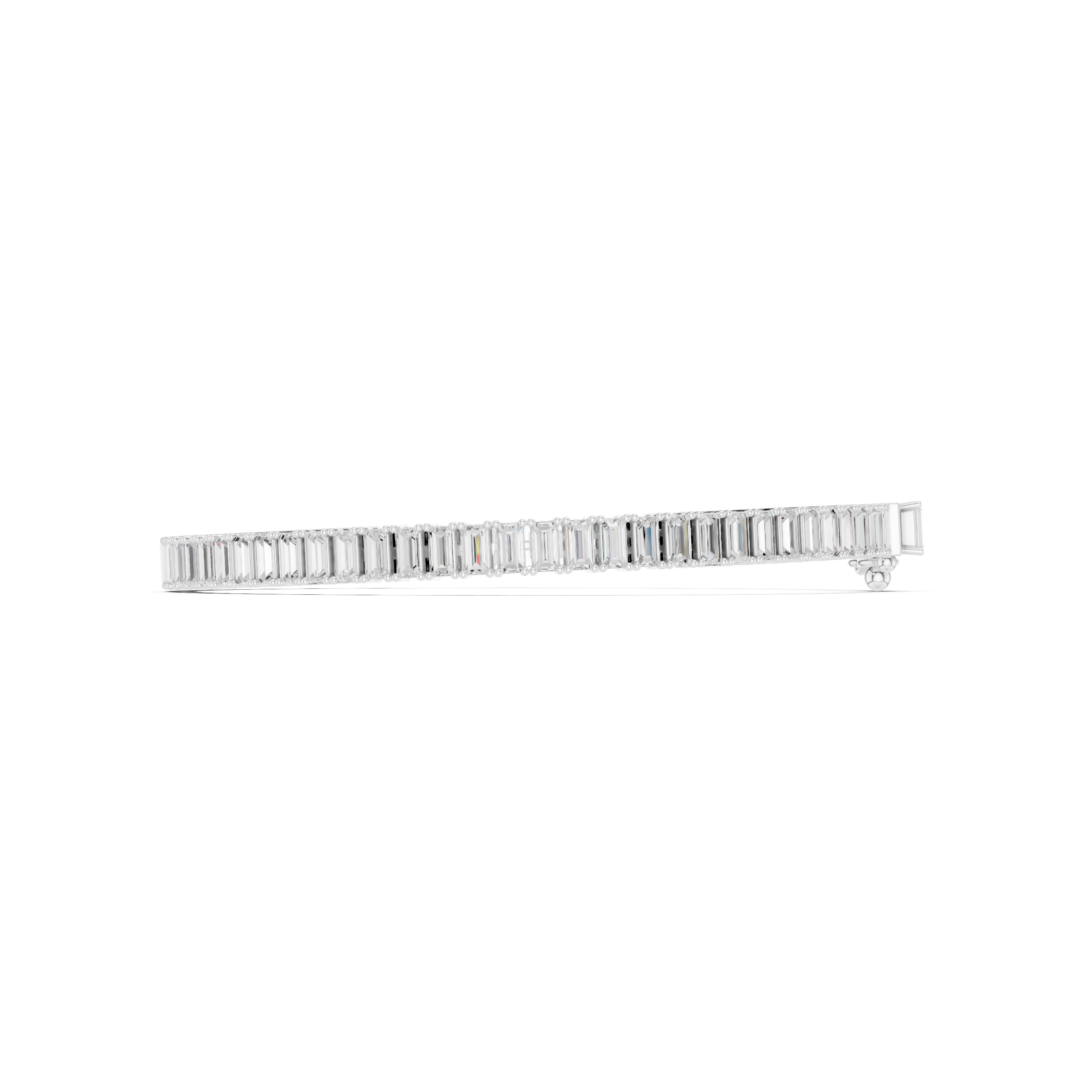 White gold baguette diamond tennis bracelet side view with rectangular diamond prongs.