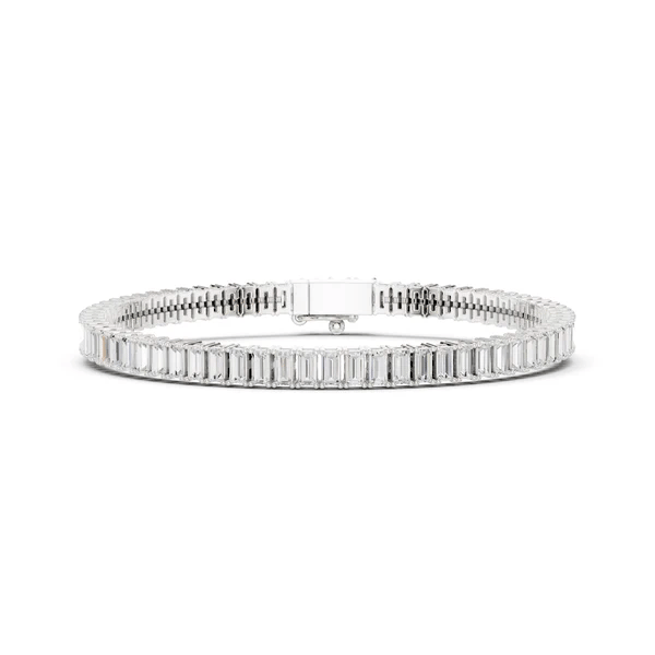 White metal tennis bracelet with baguette-cut diamond stations and center clasp