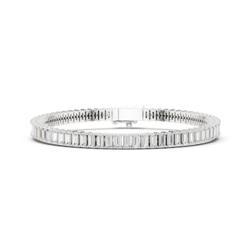 White metal tennis bracelet with baguette-cut diamond stations and center clasp