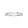 White gold baguette diamond tennis bracelet top view with center bar clasp detail.