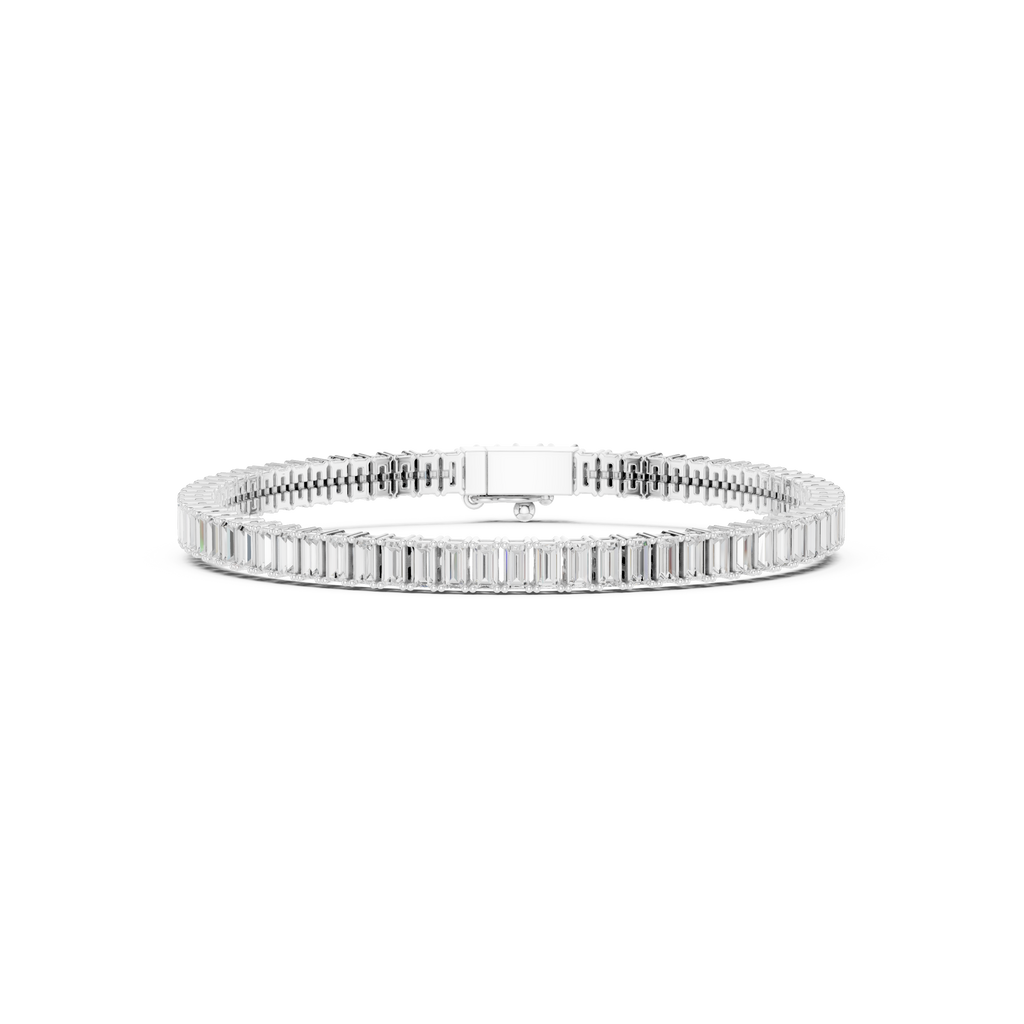 White gold baguette diamond tennis bracelet top view with center bar clasp detail.