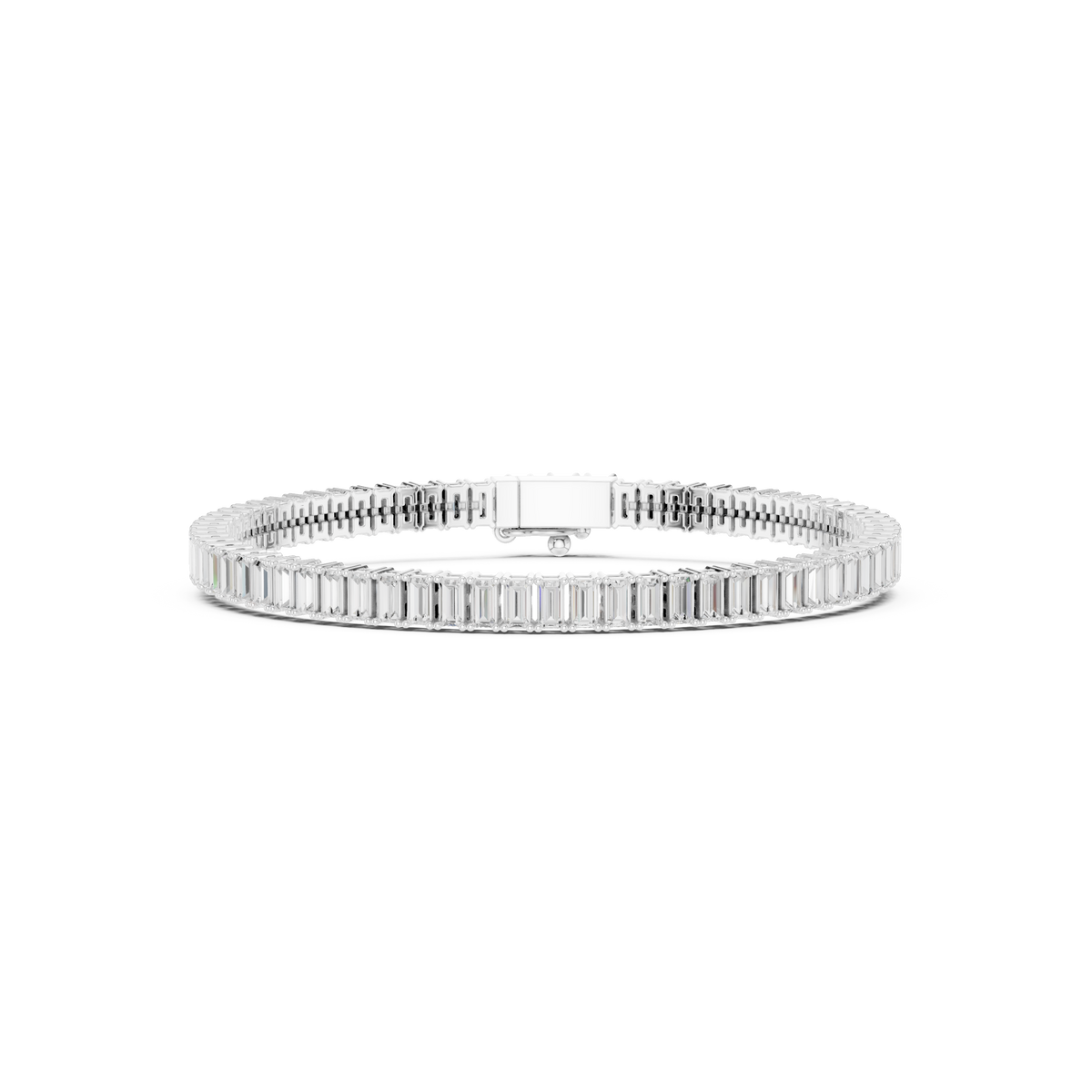White gold baguette diamond tennis bracelet top view with center bar clasp detail.