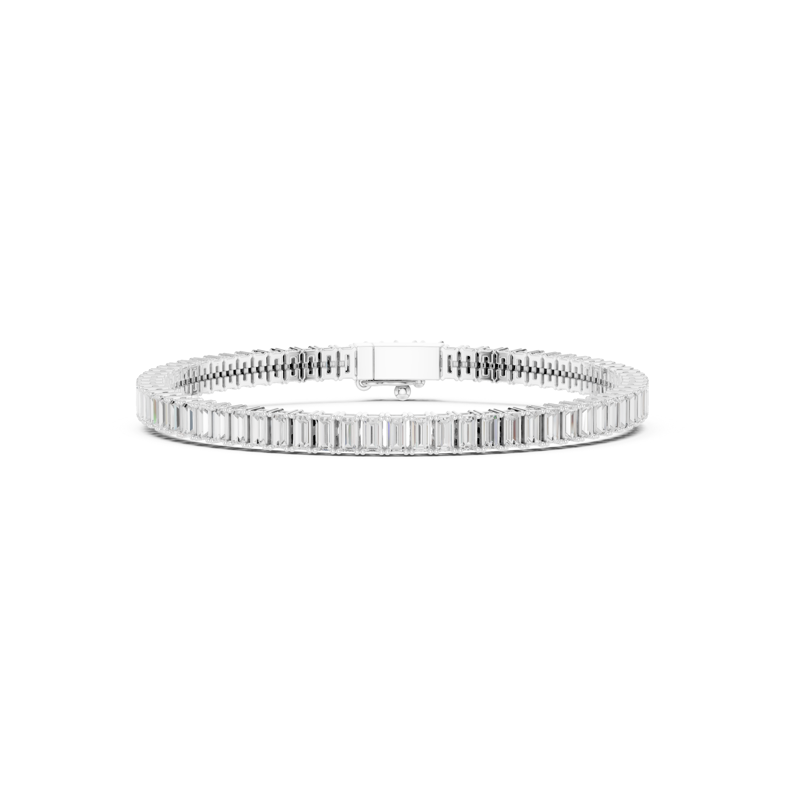 White gold baguette diamond tennis bracelet top view with center bar clasp detail.
