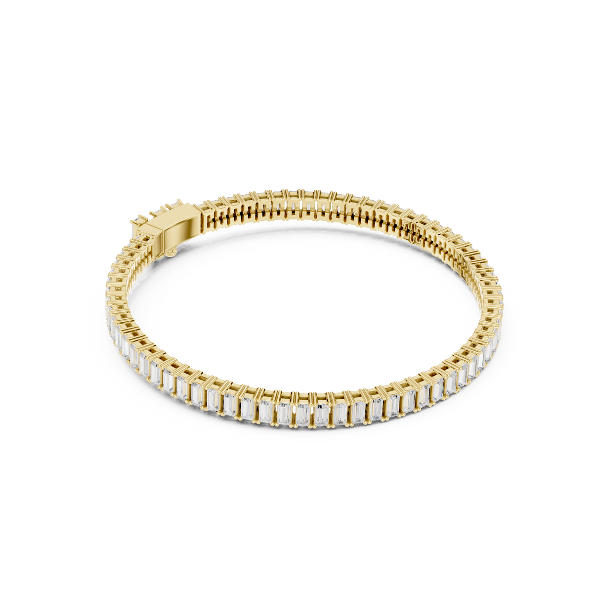 Gold-tone tennis bracelet with baguette-cut diamond stations along a hinged frame