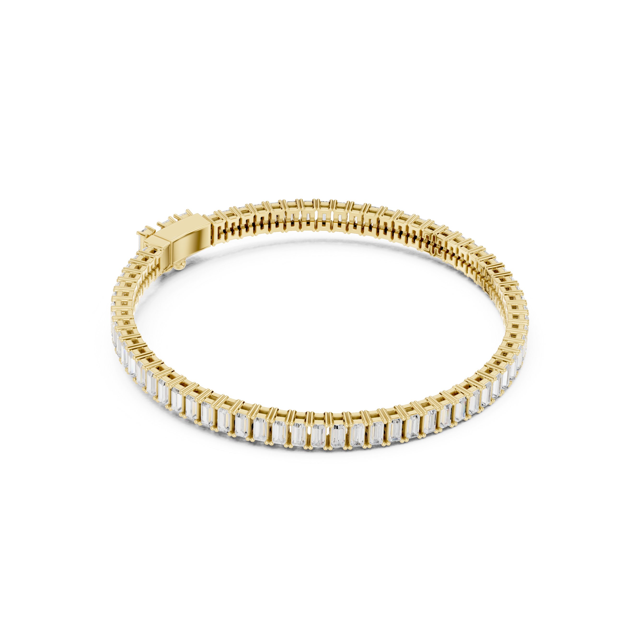 Gold-tone tennis bracelet with baguette-cut diamond stations along a hinged frame