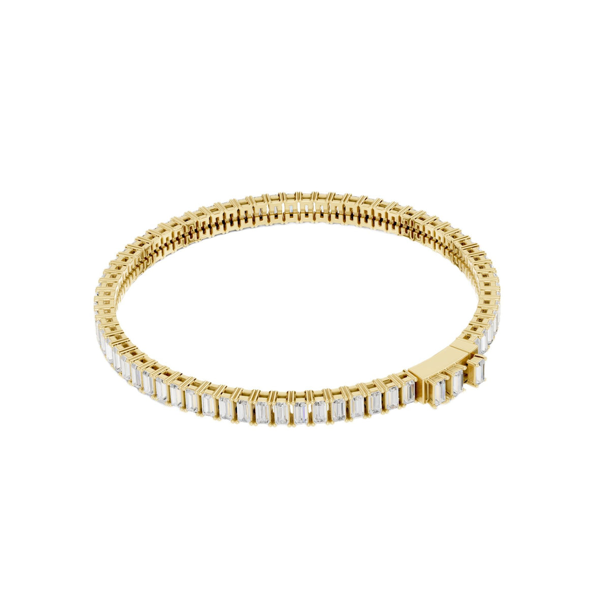 Gold-tone tennis bracelet with baguette-cut diamond stations, round profile