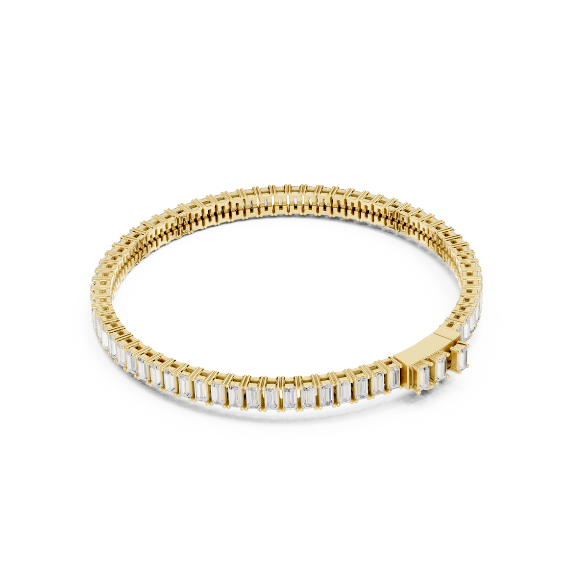Gold-tone tennis bracelet with baguette-cut diamond stations, round profile