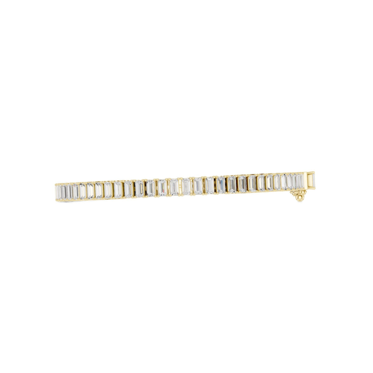 Gold-tone tennis bracelet with baguette-cut diamonds, side view of link setting