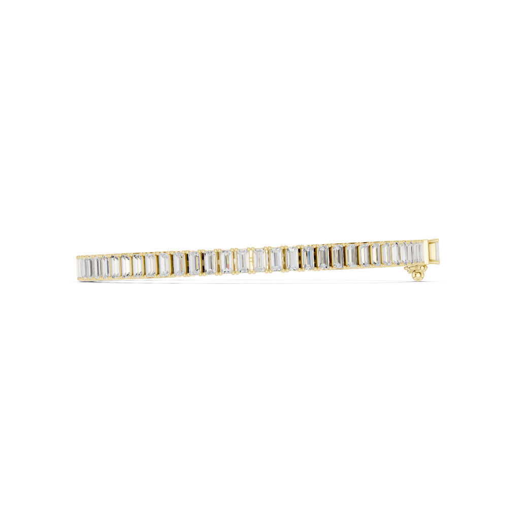Gold-tone tennis bracelet with baguette-cut diamonds, side view of link setting