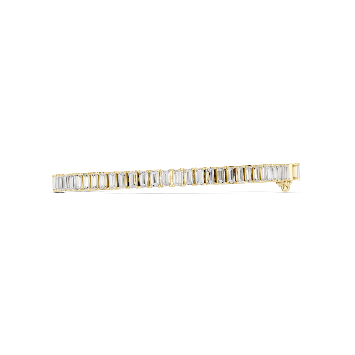 Gold-tone tennis bracelet with baguette-cut diamonds, side view of link setting