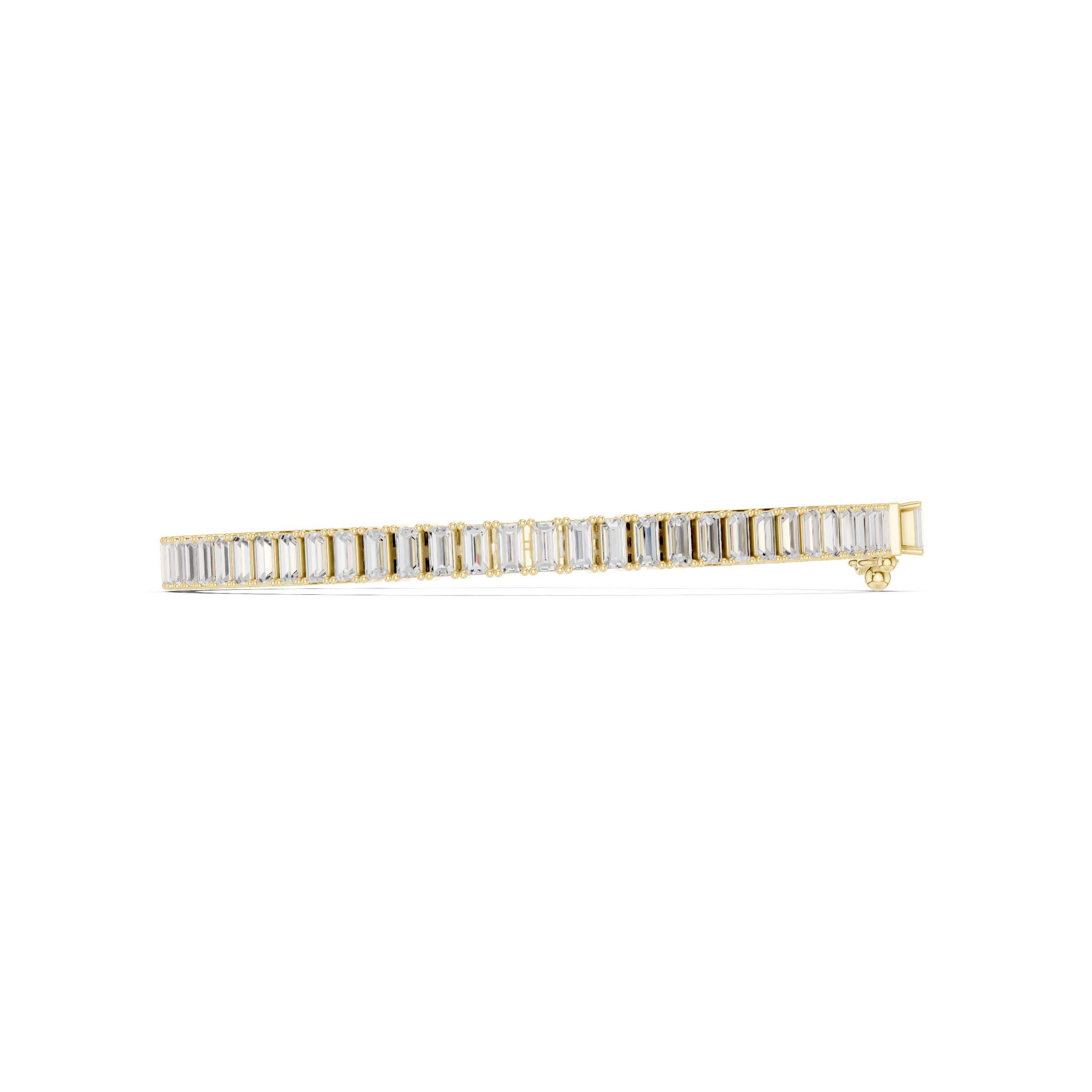 Gold-tone tennis bracelet with baguette-cut diamonds, side view of link setting