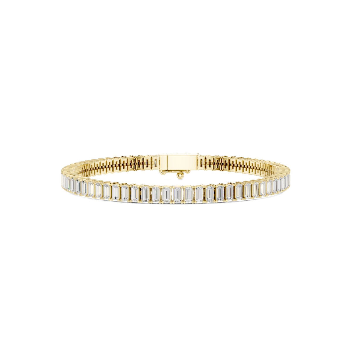 Gold-tone tennis bracelet with baguette-cut diamonds and center clasp bar