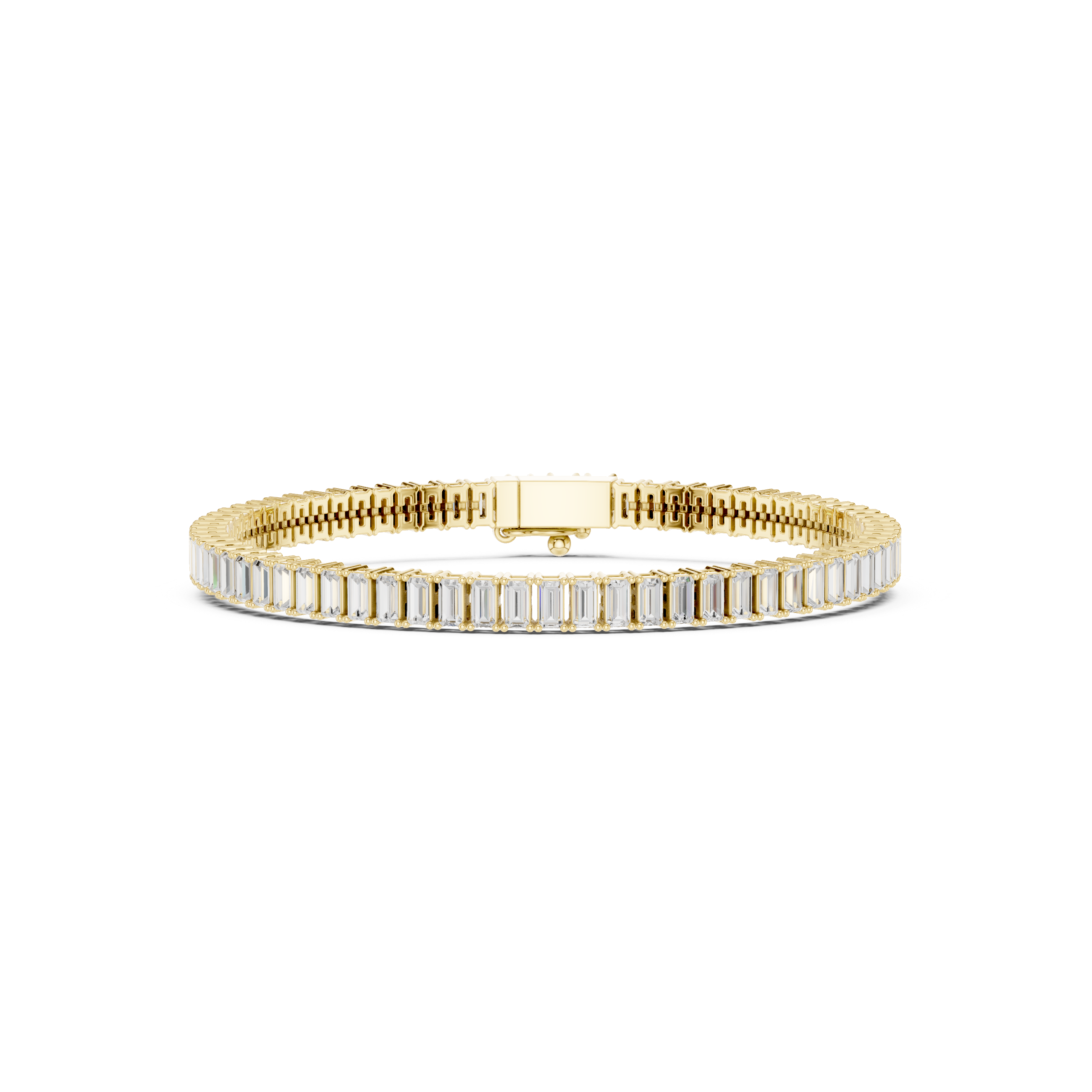 Gold-tone tennis bracelet with baguette-cut diamonds and center clasp bar