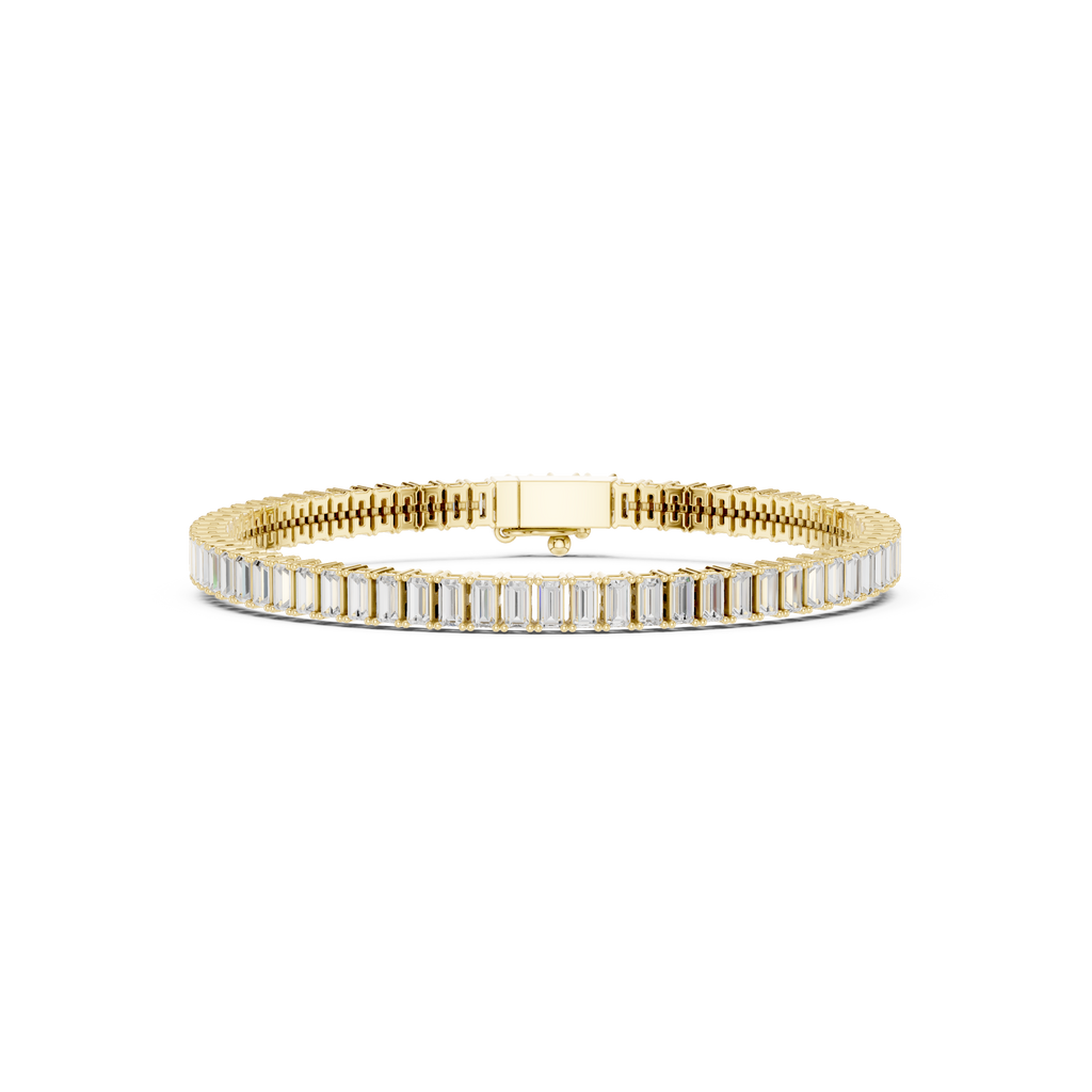 Gold-tone tennis bracelet with baguette-cut diamonds and center clasp bar