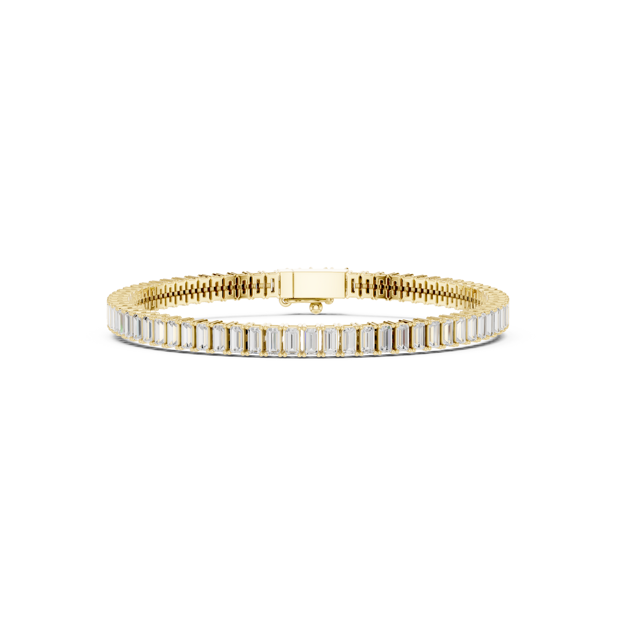 Gold-tone tennis bracelet with baguette-cut diamonds and center clasp bar