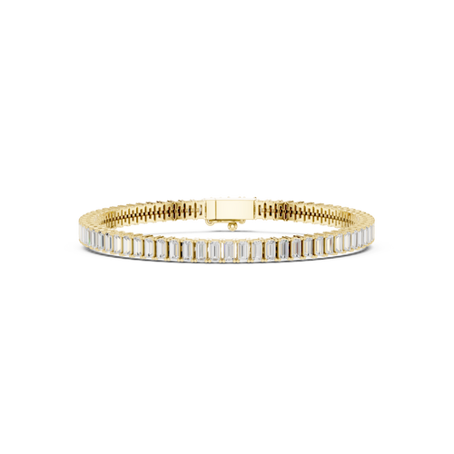 Gold-tone tennis bracelet with baguette-cut diamonds and center clasp bar
