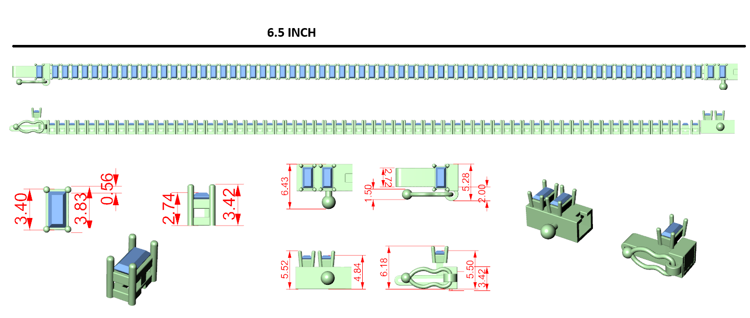 Baguette diamond tennis bracelet diagram, 6.5 inch length with link settings shown.
