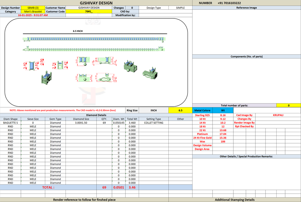 Baguette diamond tennis bracelet technical sheet with measurements and setting details.