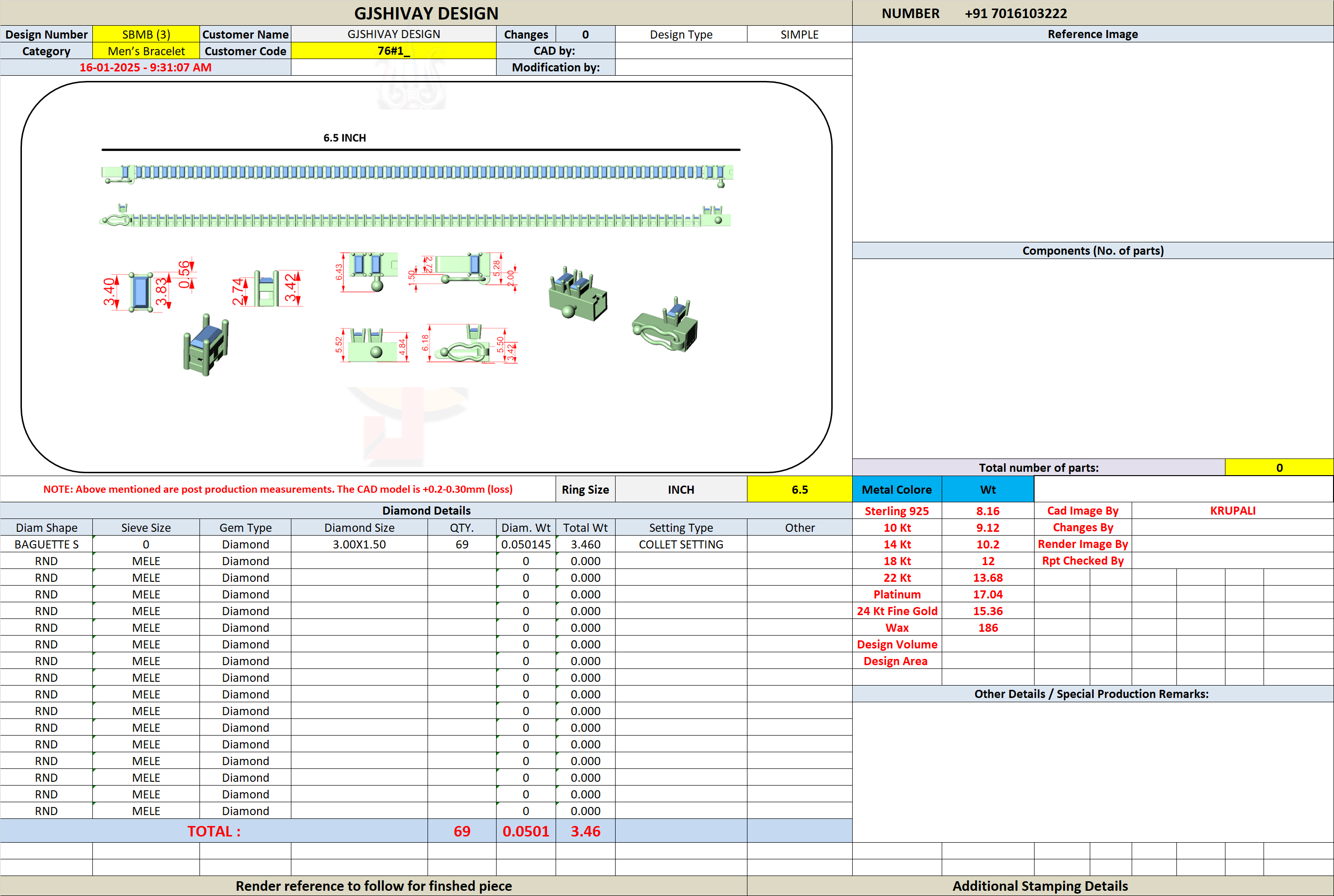 Baguette diamond tennis bracelet technical sheet with measurements and setting details.