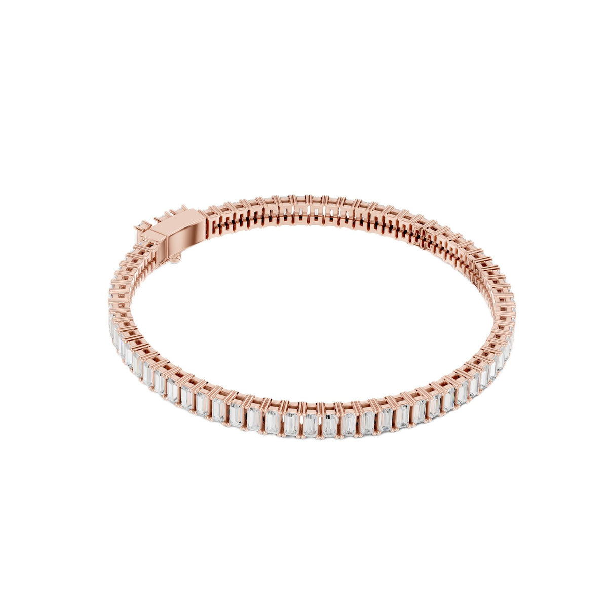 Rose gold baguette diamond tennis bracelet with rectangular diamond settings, oval profile.