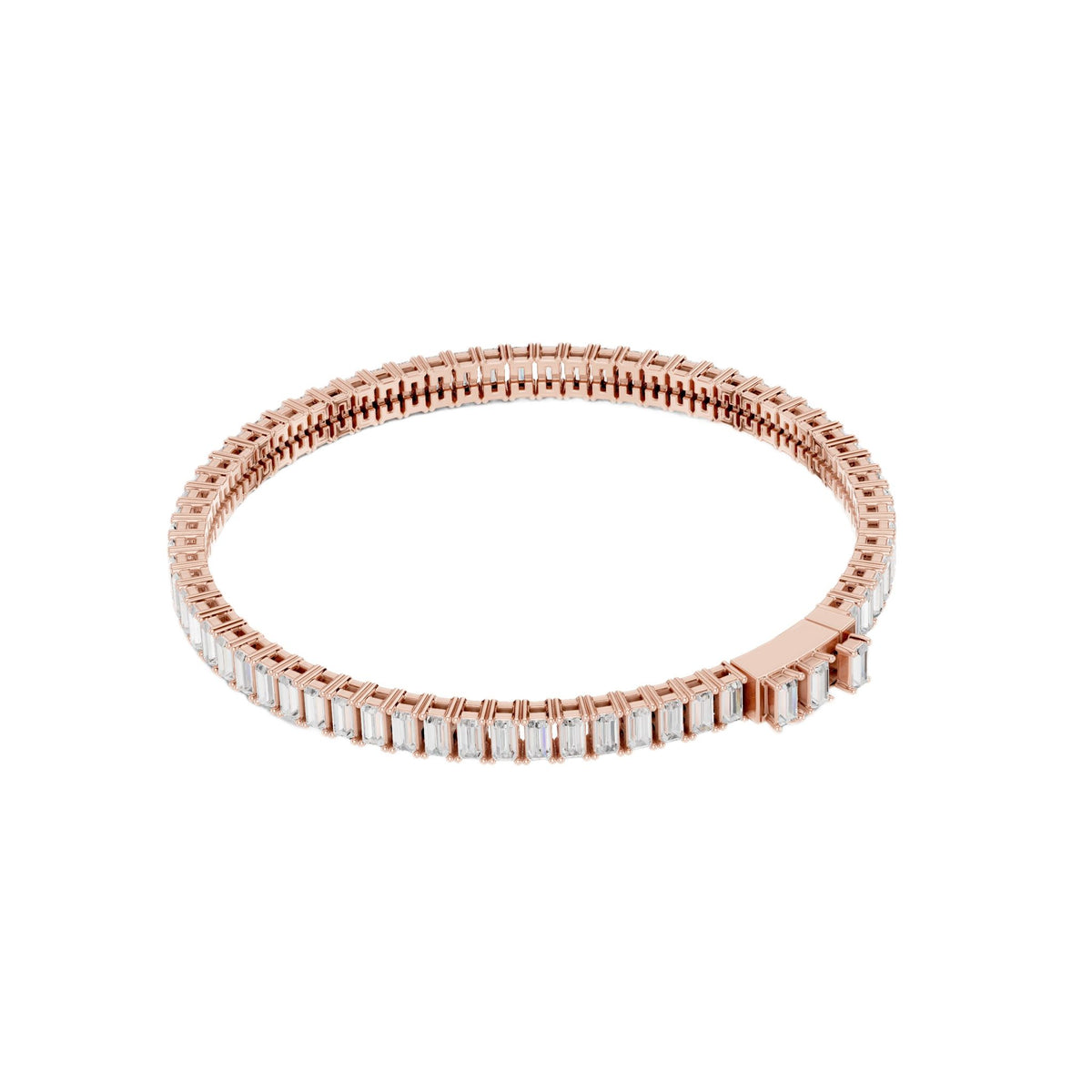 Rose gold baguette diamond tennis bracelet, close view of rectangular diamond rows.