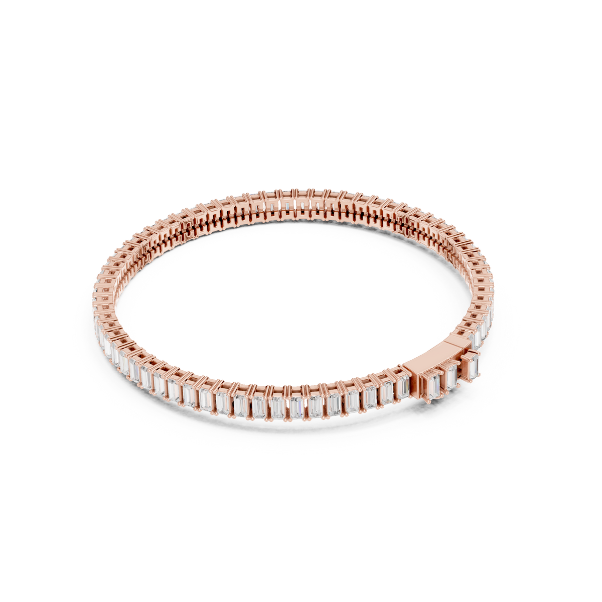 Rose gold baguette diamond tennis bracelet, close view of rectangular diamond rows.