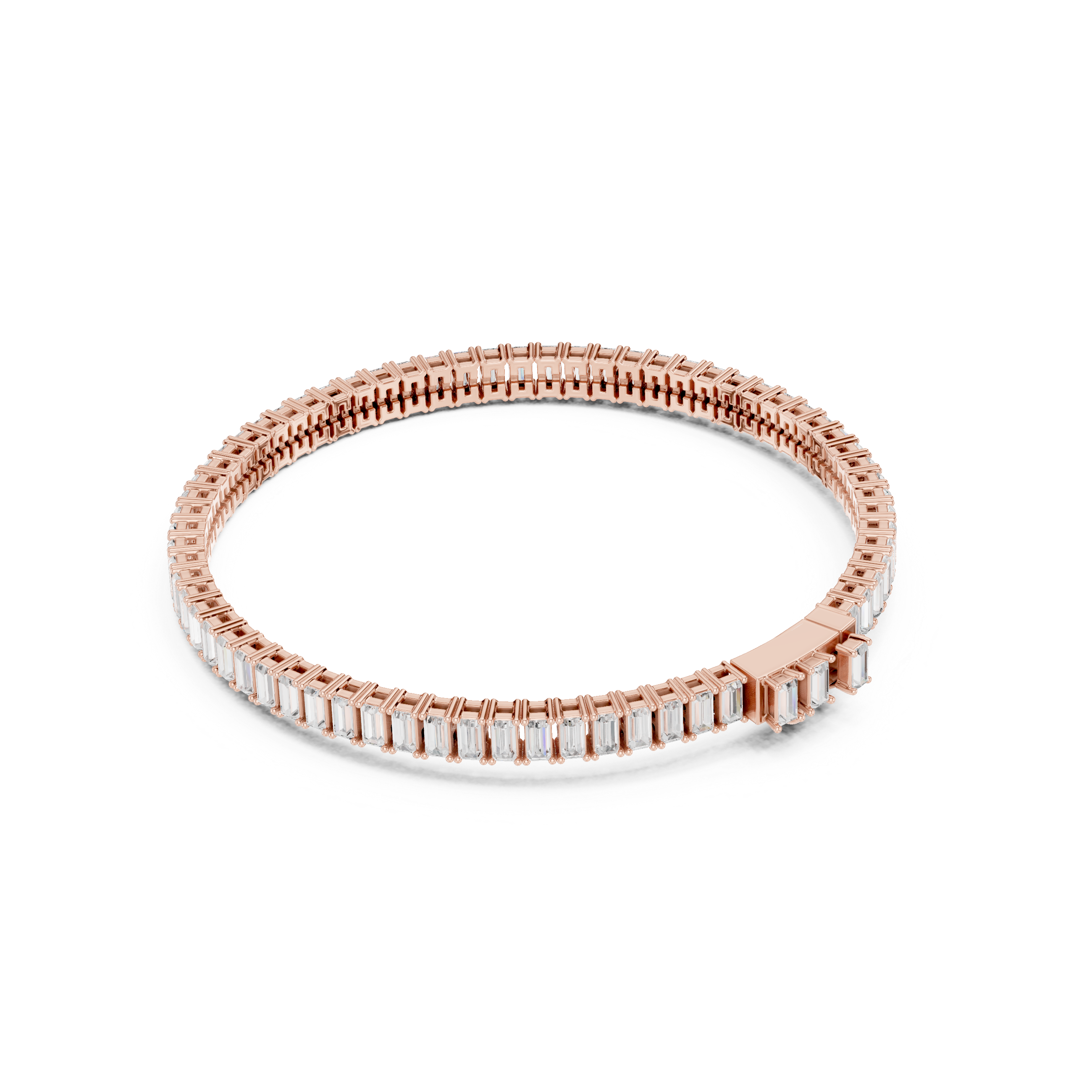 Rose gold baguette diamond tennis bracelet, close view of rectangular diamond rows.