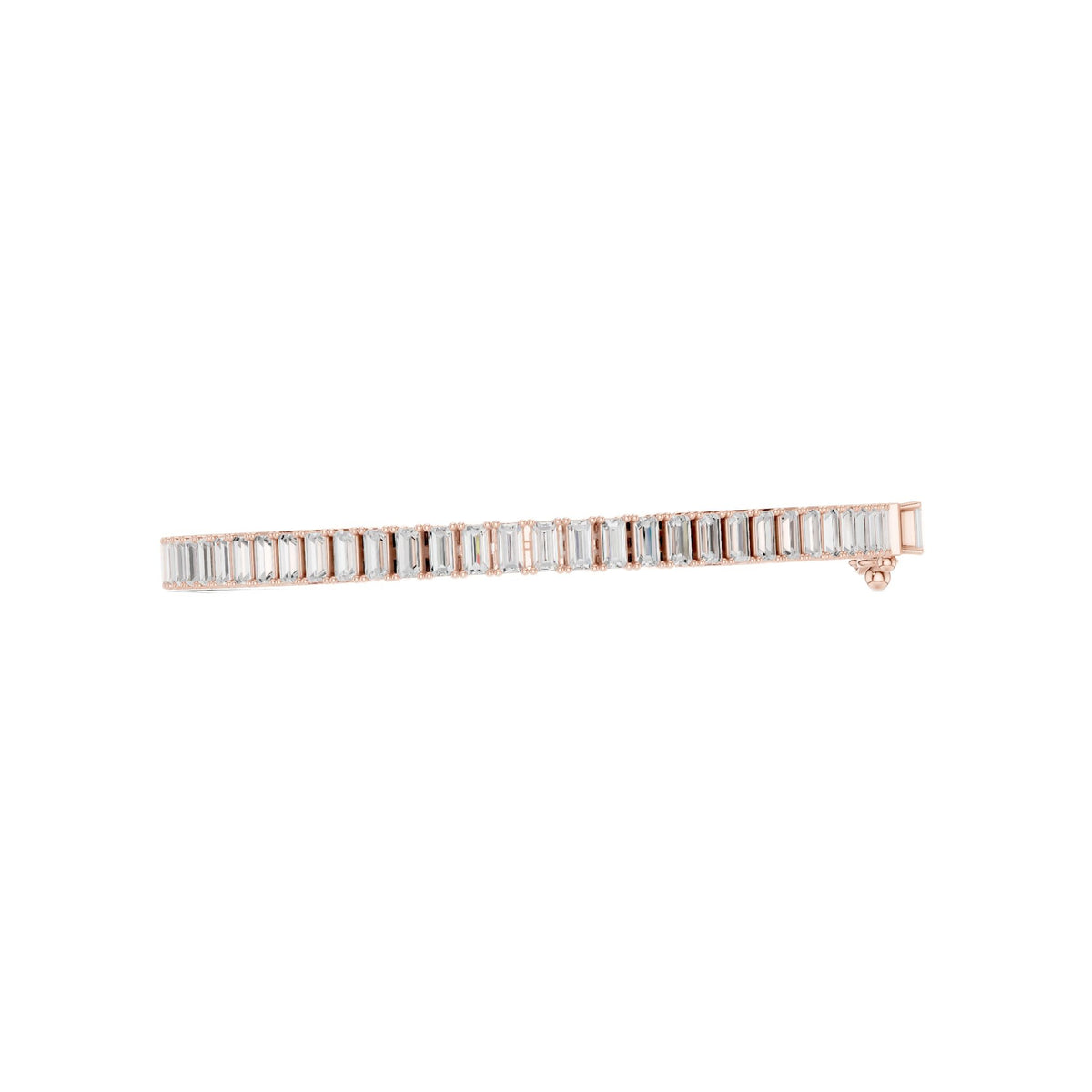 Rose gold baguette diamond tennis bracelet side view with rectangular diamond prongs.