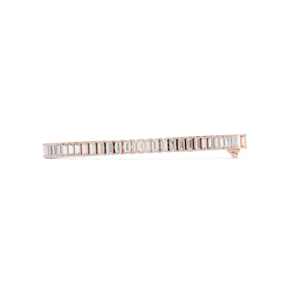 Rose gold baguette diamond tennis bracelet side view with rectangular diamond prongs.