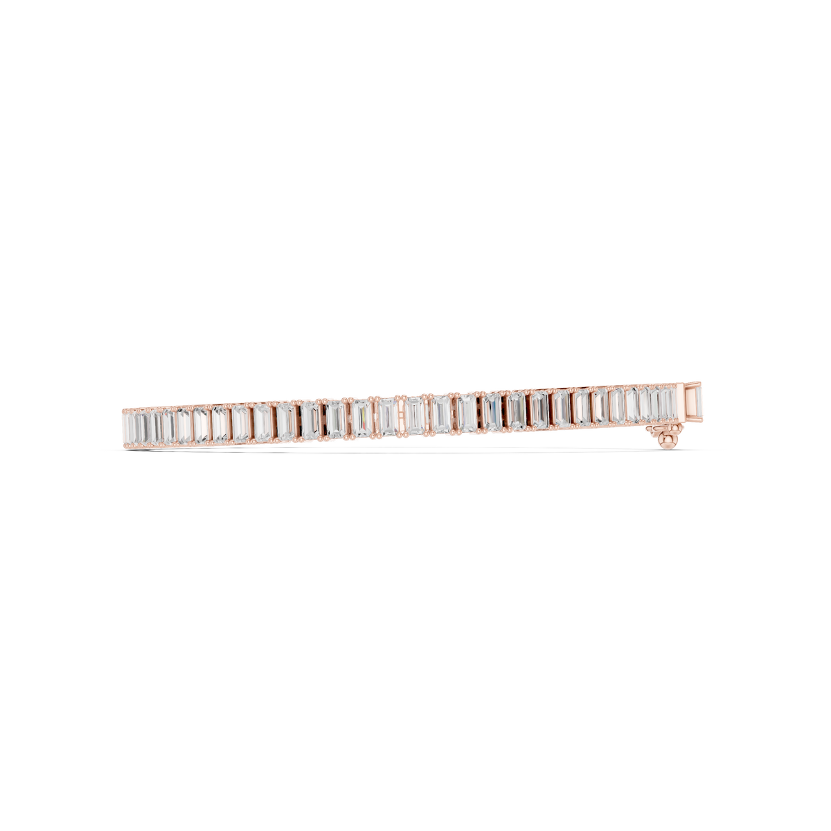 Rose gold baguette diamond tennis bracelet side view with rectangular diamond prongs.