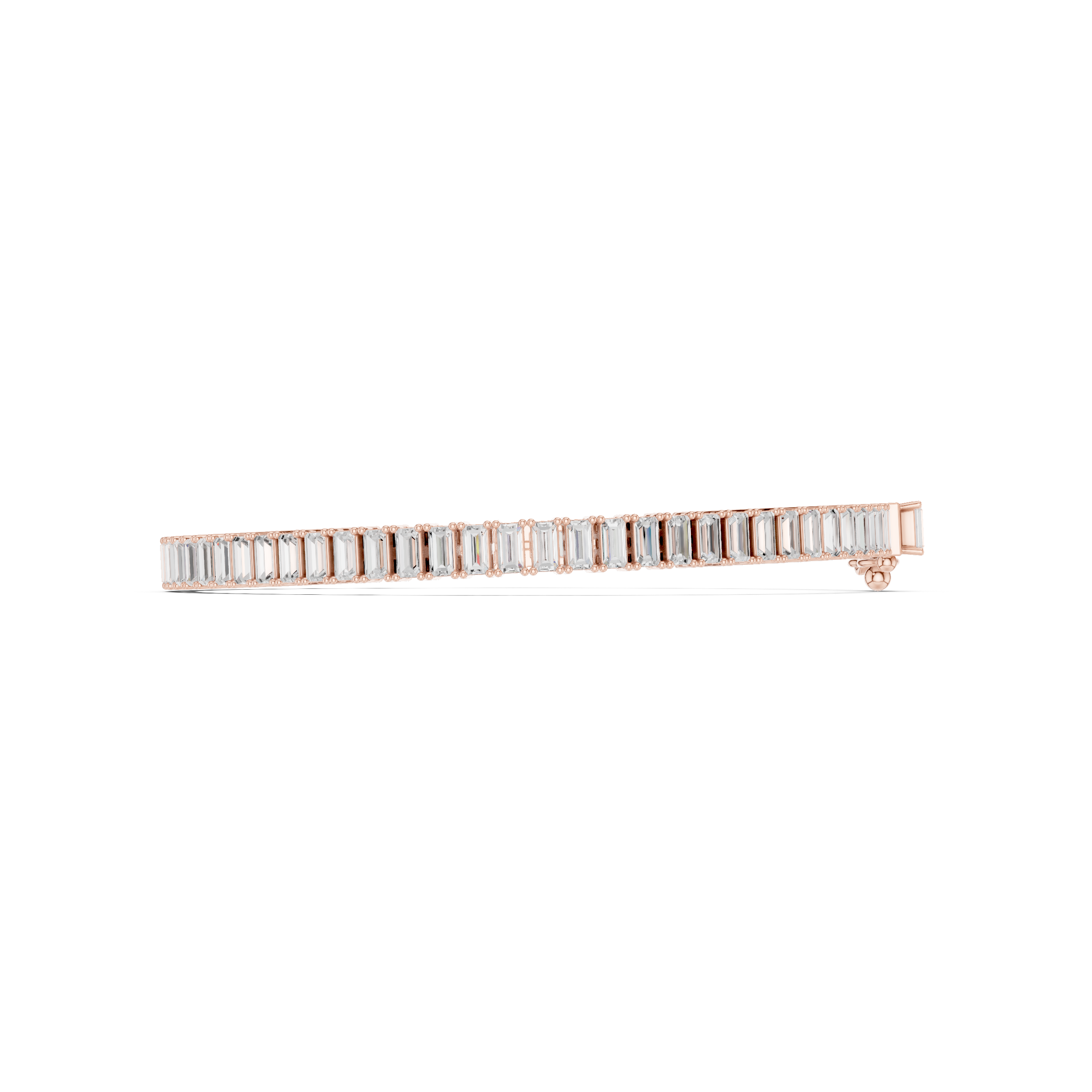 Rose gold baguette diamond tennis bracelet side view with rectangular diamond prongs.