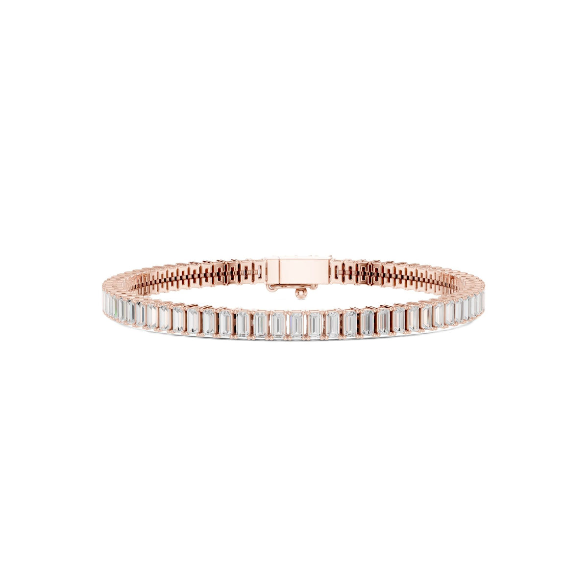 Rose gold baguette diamond tennis bracelet top view with center bar clasp detail.