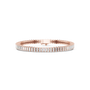 Rose gold baguette diamond tennis bracelet top view with center bar clasp detail.
