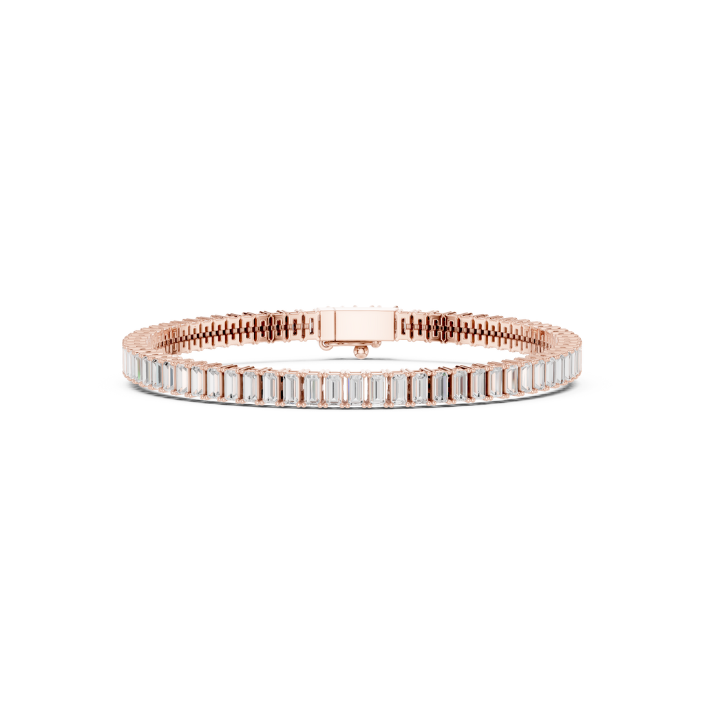 Rose gold baguette diamond tennis bracelet top view with center bar clasp detail.