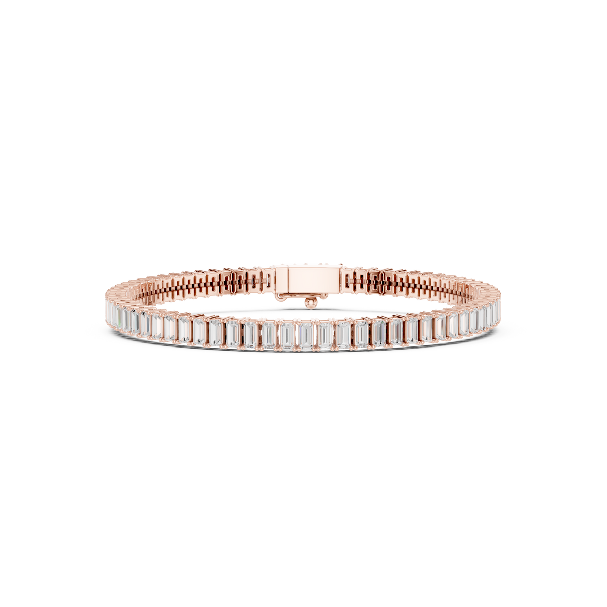 Rose gold baguette diamond tennis bracelet top view with center bar clasp detail.