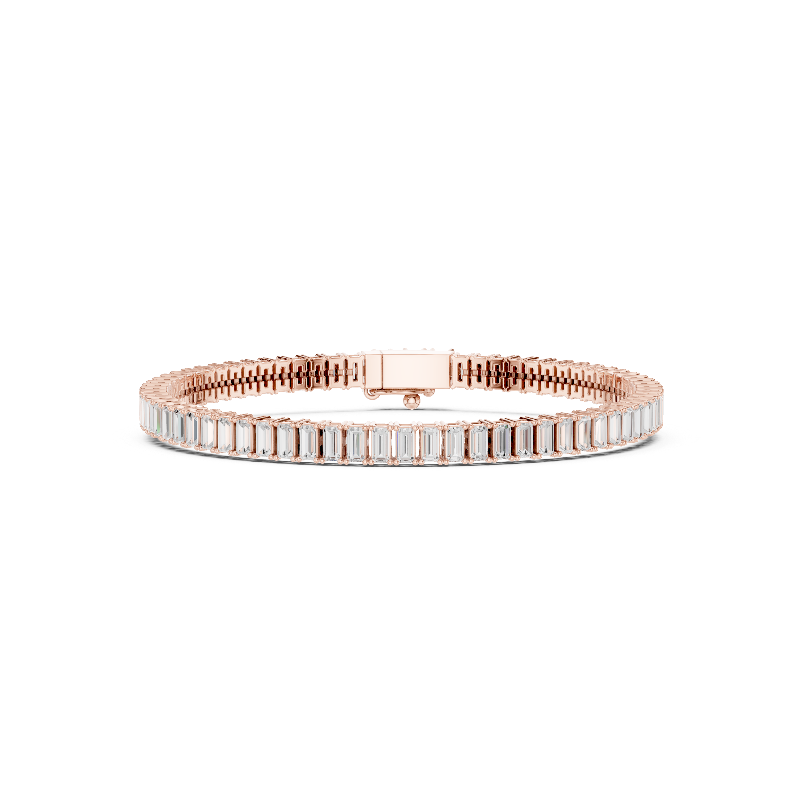 Rose gold baguette diamond tennis bracelet top view with center bar clasp detail.