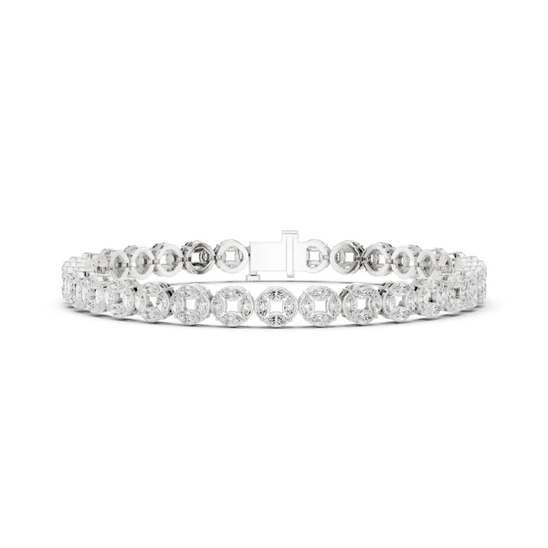 White metal diamond tennis bracelet with oval stones and rectangular clasp