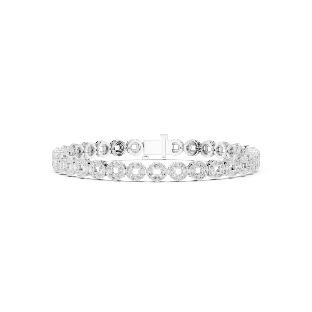 White gold marquise diamond tennis bracelet top view with oval stone bezels and clasp